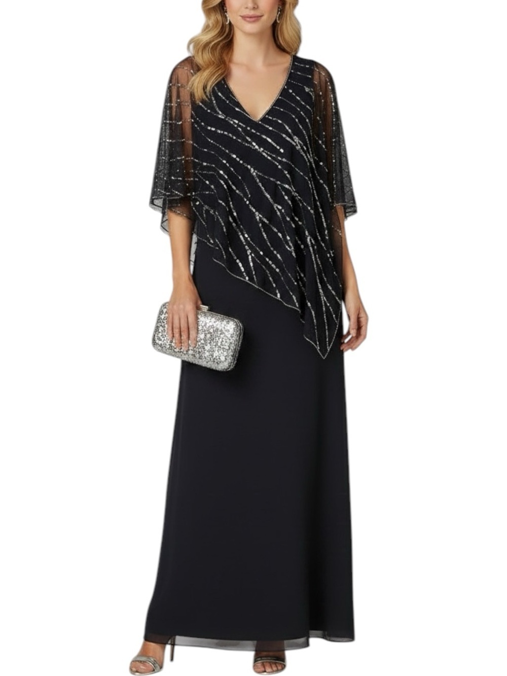 NWT ADRIANNA PAPELL Navy Chiffon Asymmetrical Beaded Cape Popover Dress Size 4